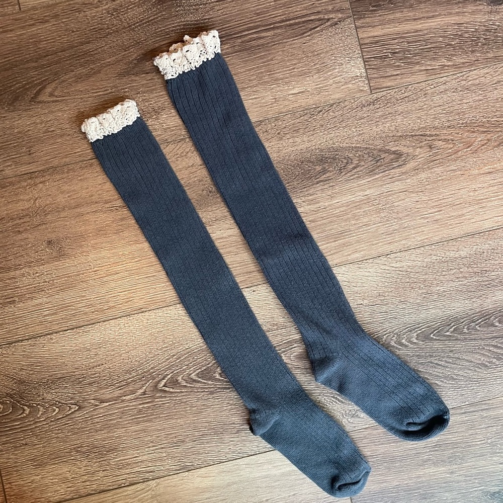 Girls Ribbed Tall Socks with Crochet Frill Top Navy Blue and Cream